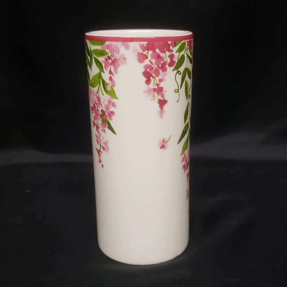 Ganz NWT Floral Ceramic Vase with Arranger and Love Quote, Pink & Ivory